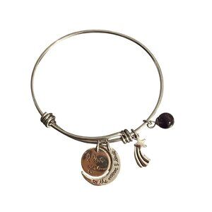 Silver Tone Expandable Bracelet Amethyst Bead Love to Moon Back Charms Moon Star